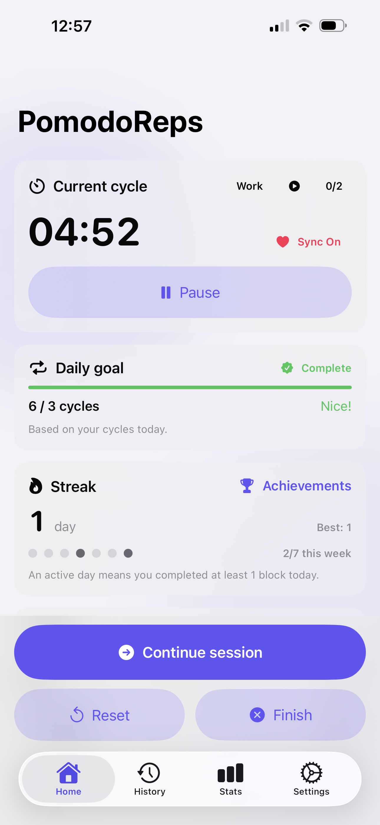 PomodoReps – work block timer screen