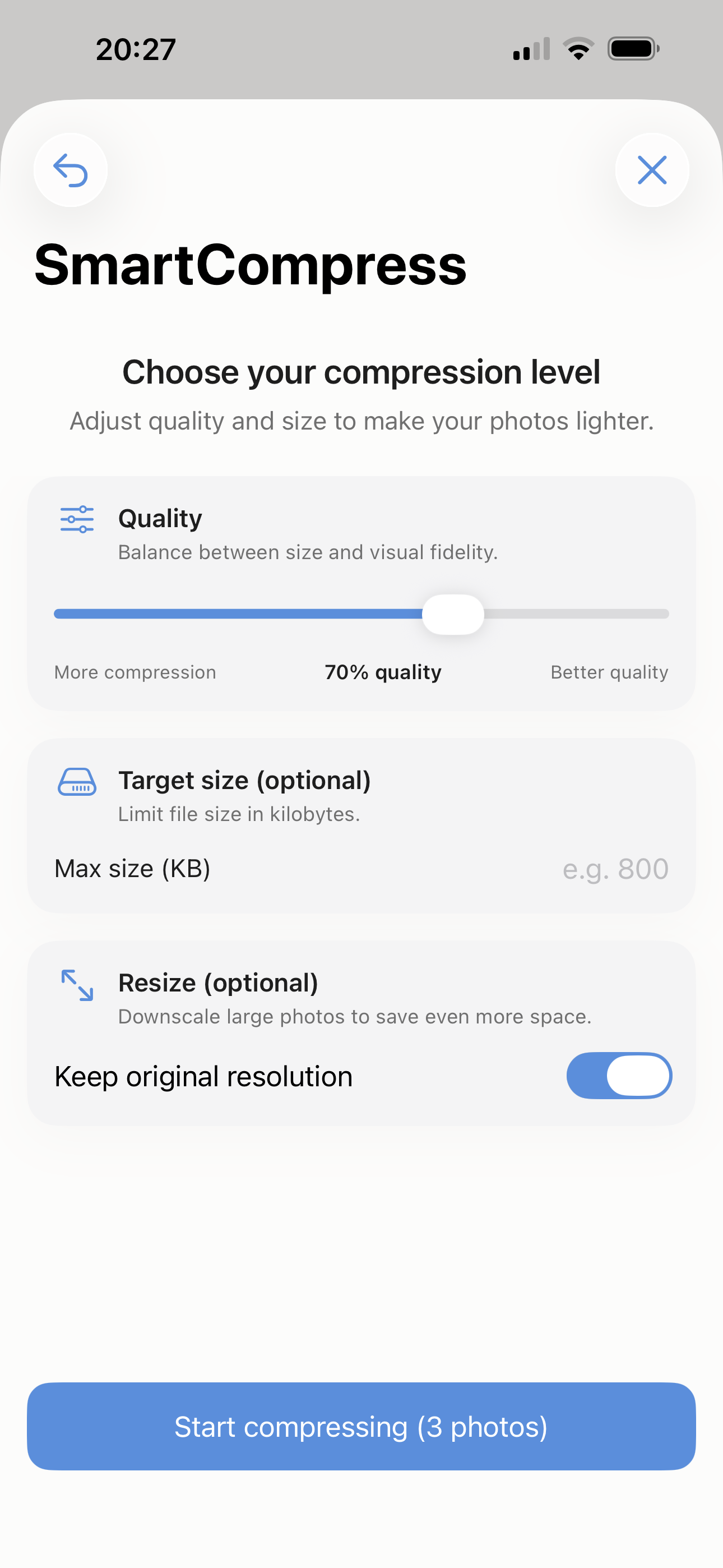 Compression level and quality controls