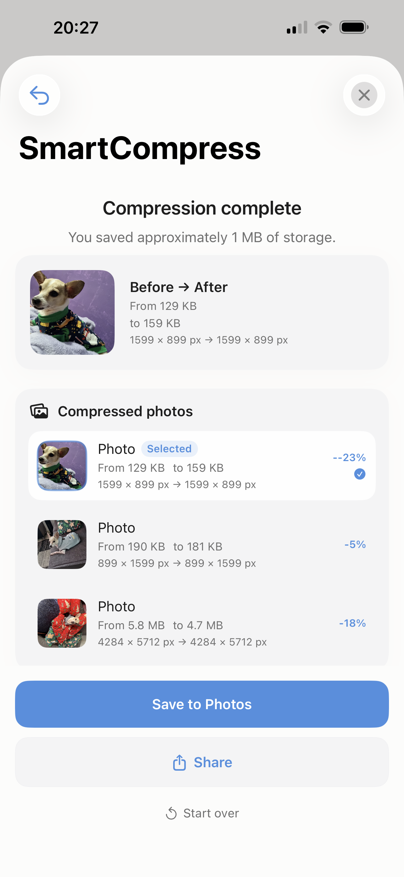 Storage saved summary after compressing photos
